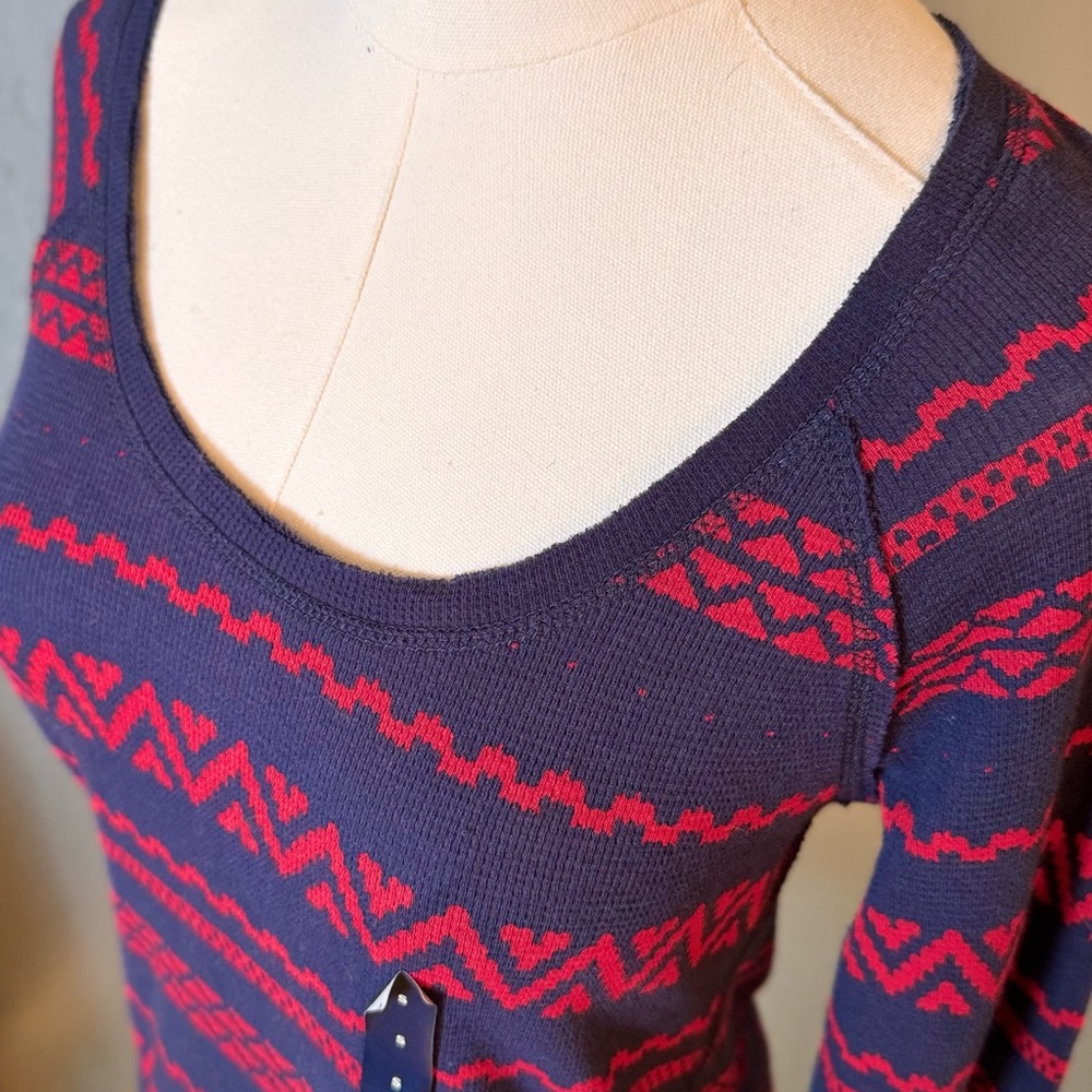 LUCKY BRAND Woven Navy & Red Fair Isle Knit Top Lightweight Thermal Tee - Picture 15 of 15